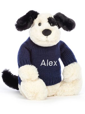 Bashful Black & Cream Puppy with Personalized Navy Jumper