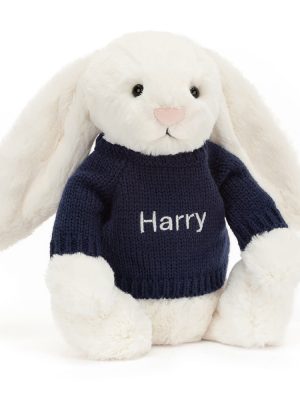 Bashful Cream Bunny with Personalized Navy Jumper