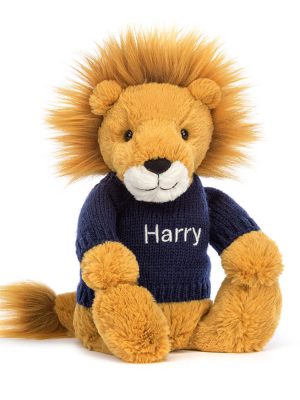 Bashful Lion with Personalized Navy Jumper