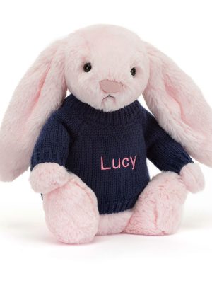 Bashful Pink Bunny with Personalized Navy Jumper